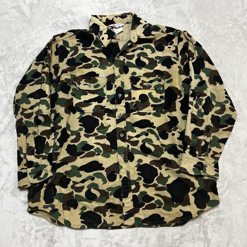 Vintage Carhartt Camo Flannel Shirt Mens 17x36 Duck Hunter Made in USA 8U203